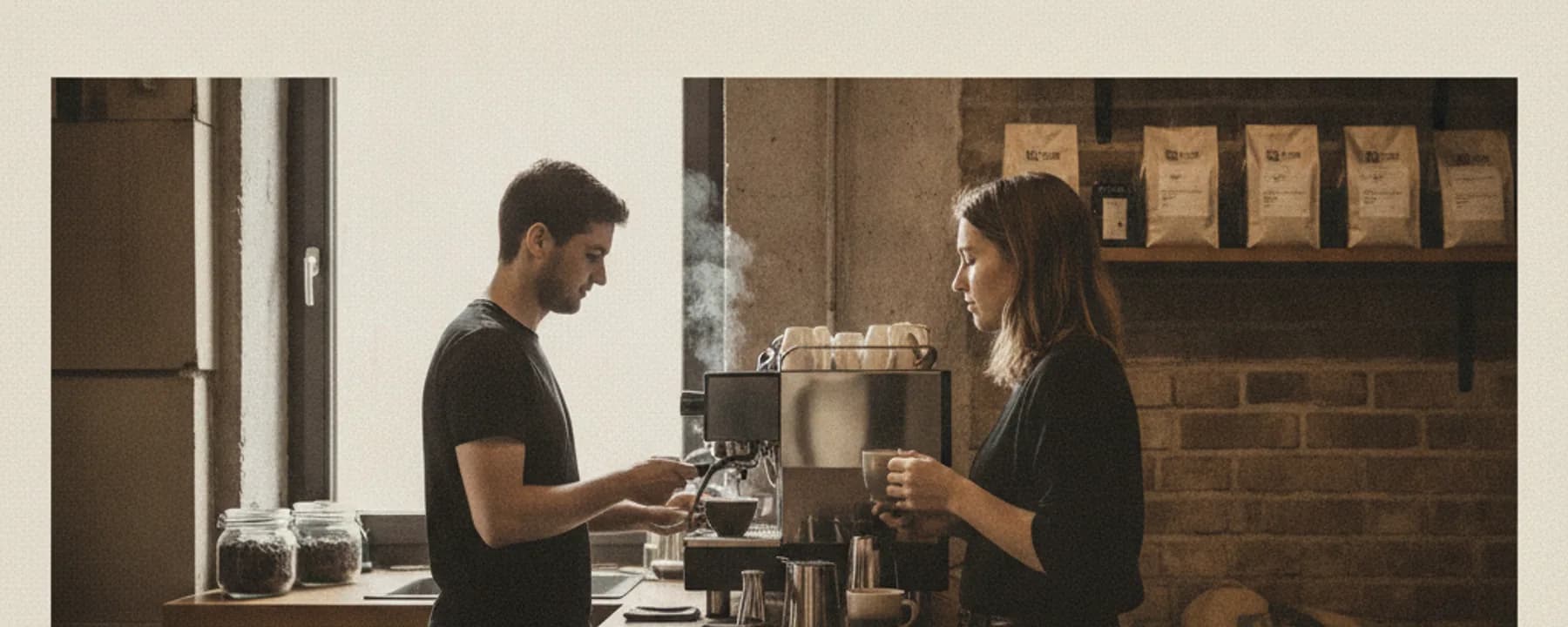 Kleine Bürokaffeepause, zwei Personen von der Seite an einem Vollautomaten, unscharf im Vordergrund