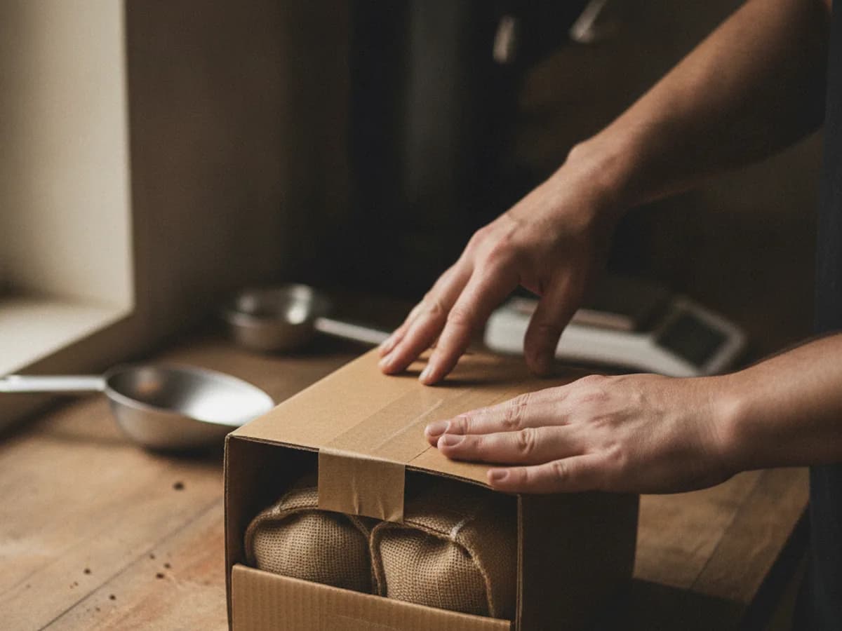 Hände verschliessen eine Versandschachtel mit Kaffeepackungen auf einem Packtisch