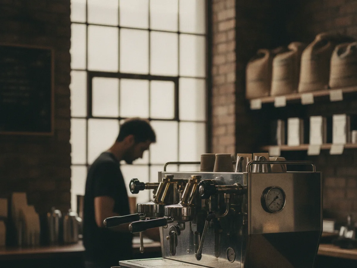 Espressomaschine in einem kleinen Café, Barista-Silhouette im Hintergrund unscharf