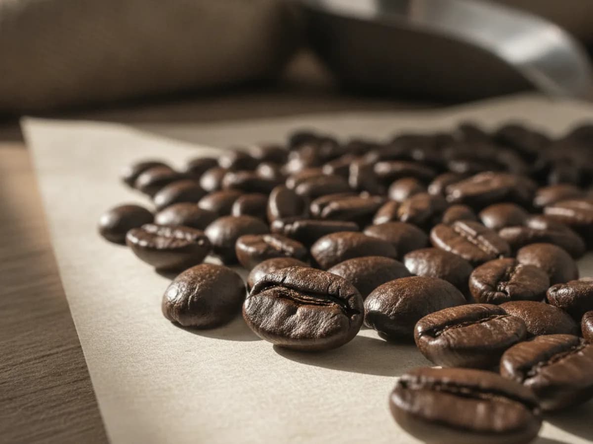 Nahaufnahme geröstete Espressobohnen, dunkelbraun glänzend, auf hellem Papier