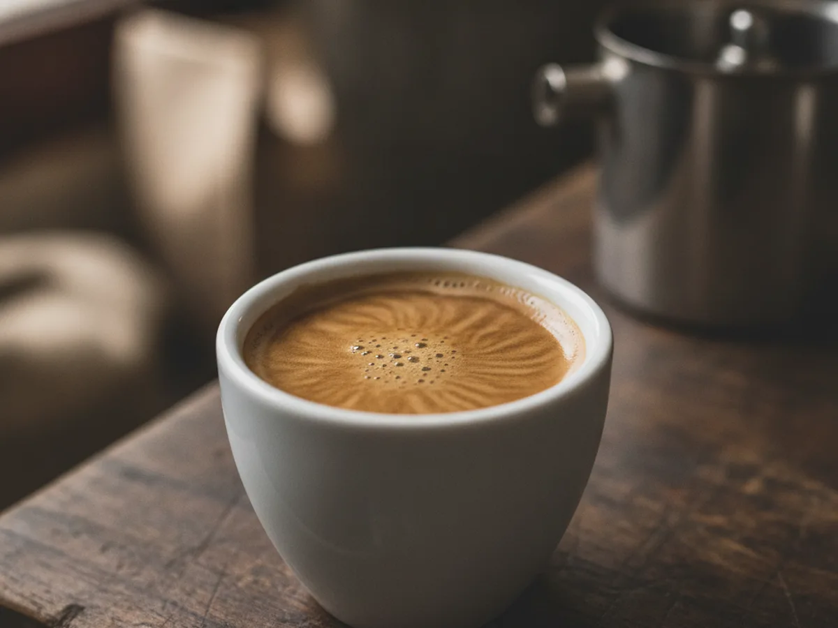 Espresso in weisser Tasse mit goldener Crema, Nahaufnahme