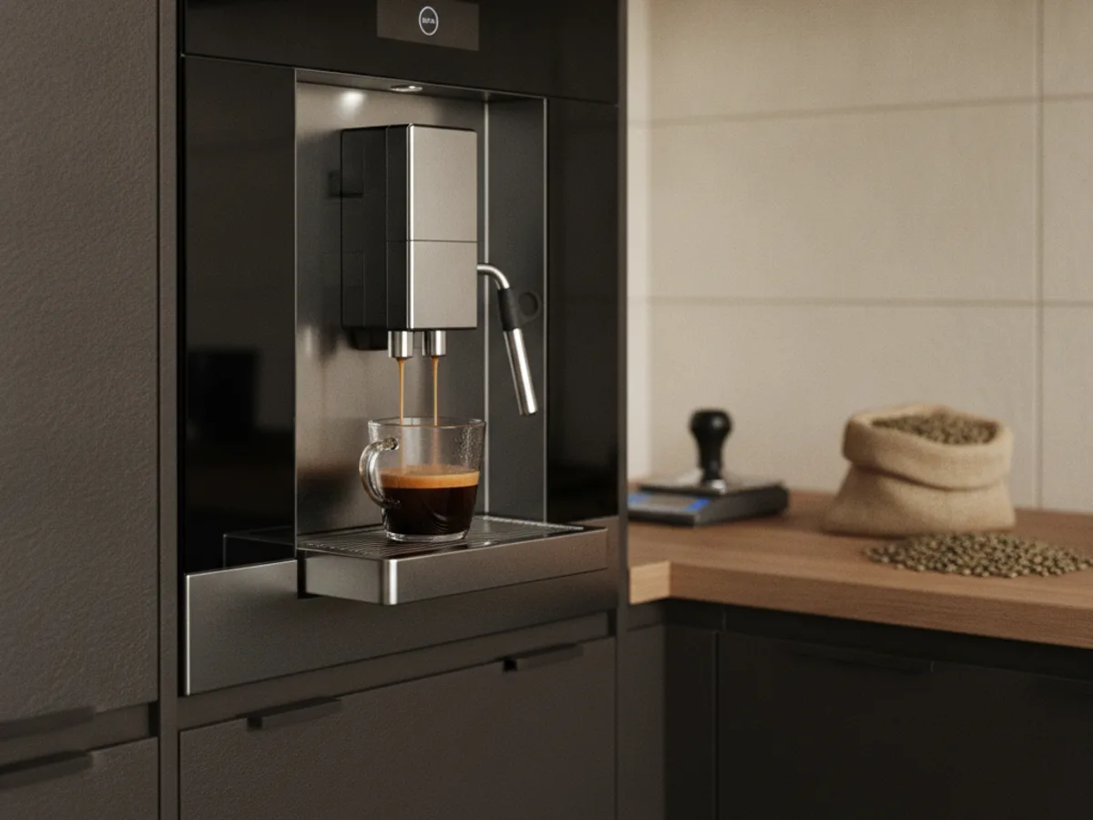 Vollautomat gibt Espresso in eine Tasse, kleine Bürokaffeeecke