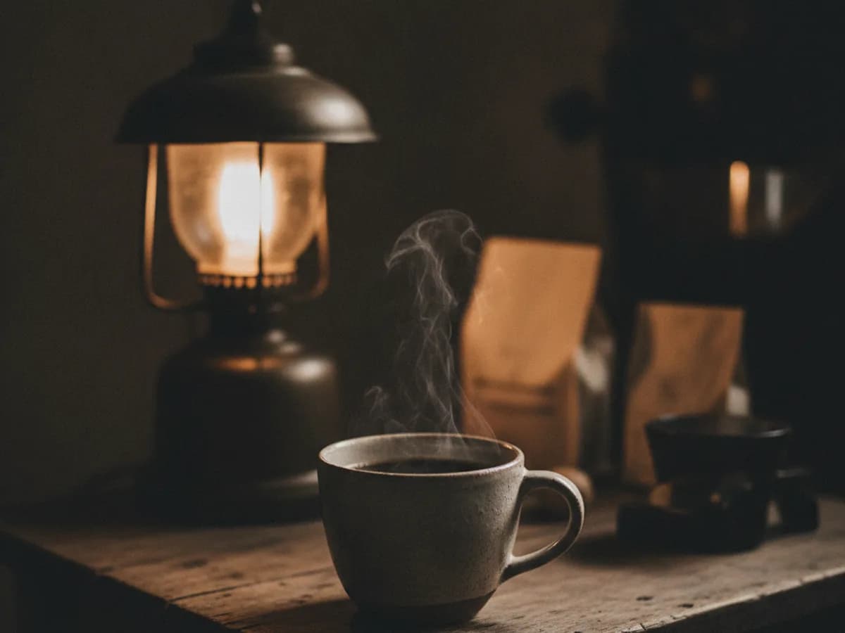 Tasse Filterkaffee am Abend, warmes Lampenlicht, Dampf