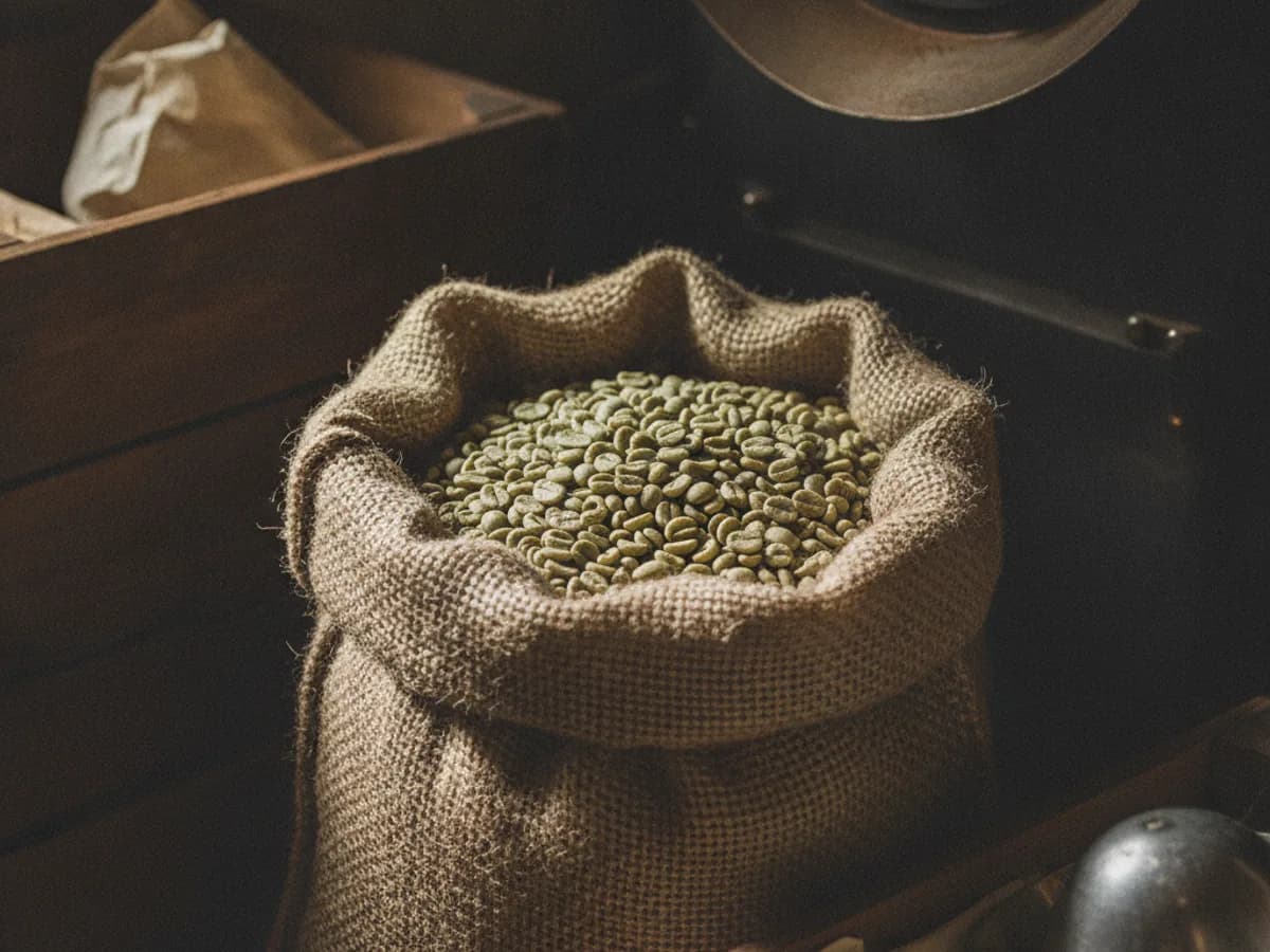Sack mit rohen grünen Kaffeebohnen, Nahaufnahme, Tageslicht