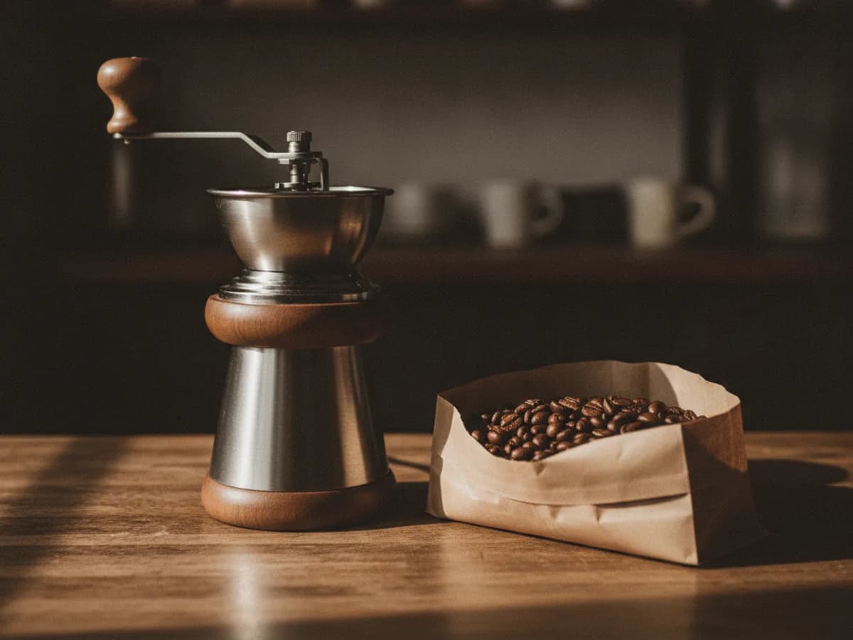 Handmühle neben einer Packung ganzer Kaffeebohnen auf der Küchenablage