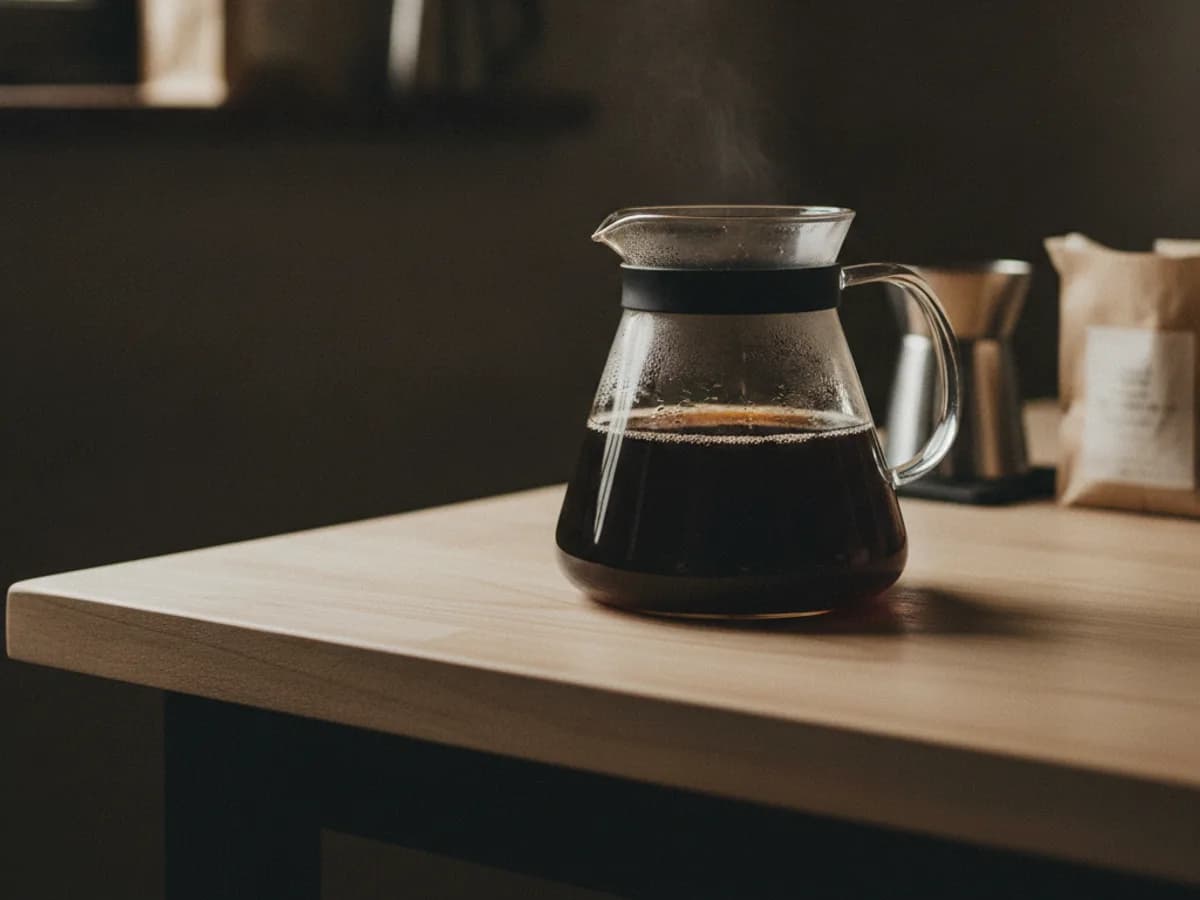 Karaffe mit frisch gebrühtem Filterkaffee auf Holztisch