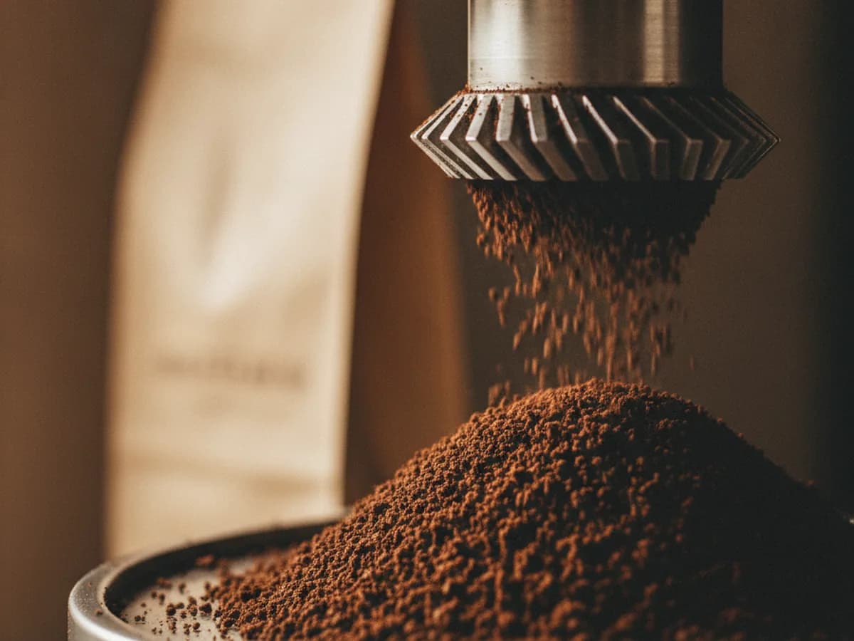 Nahaufnahme Mahlwerk mit frisch gemahlenem Kaffee, seitliches Licht